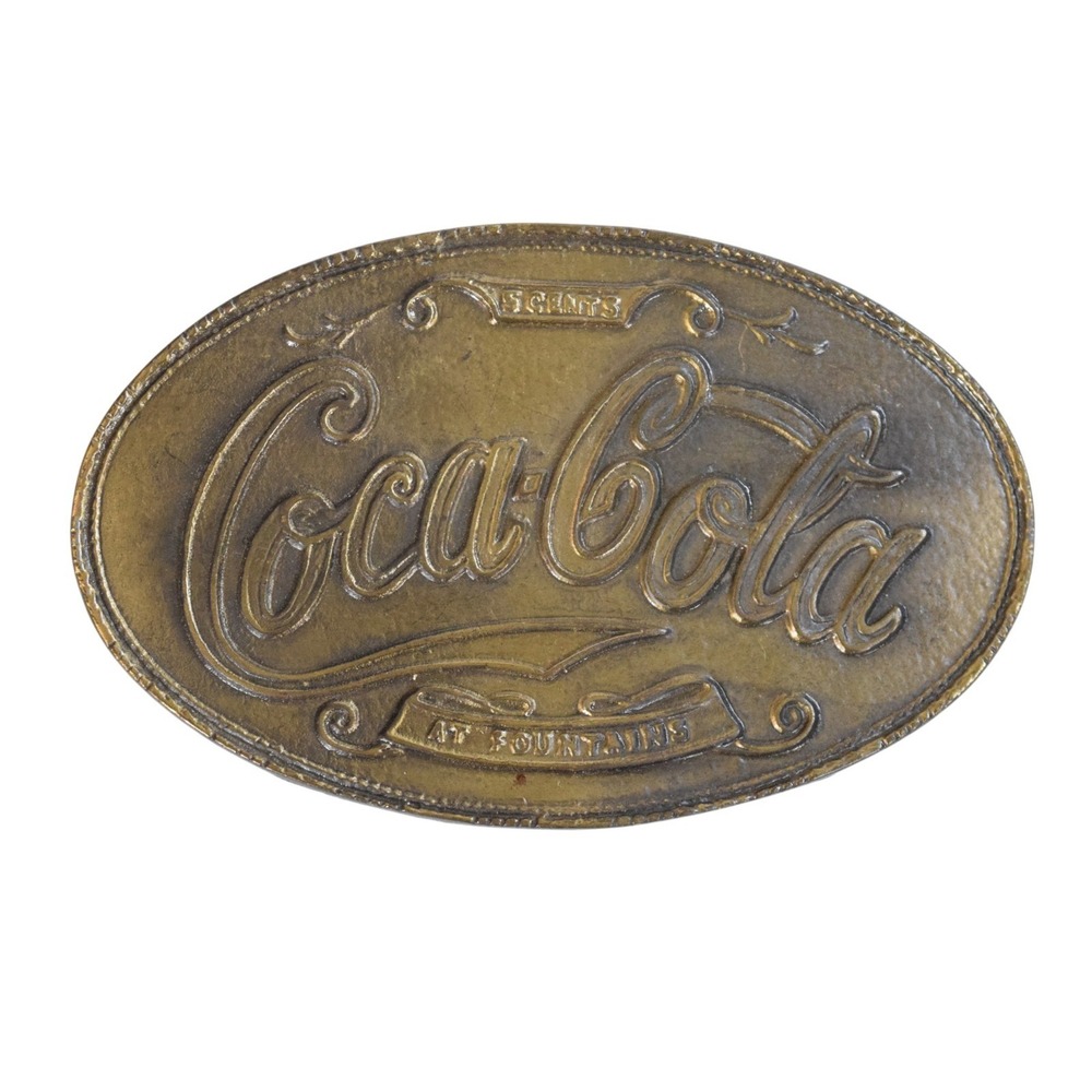 VTG Coca Cola Belt Buckle At‎ Fountains Soda Logo Large 4" Oval Promo Accessory